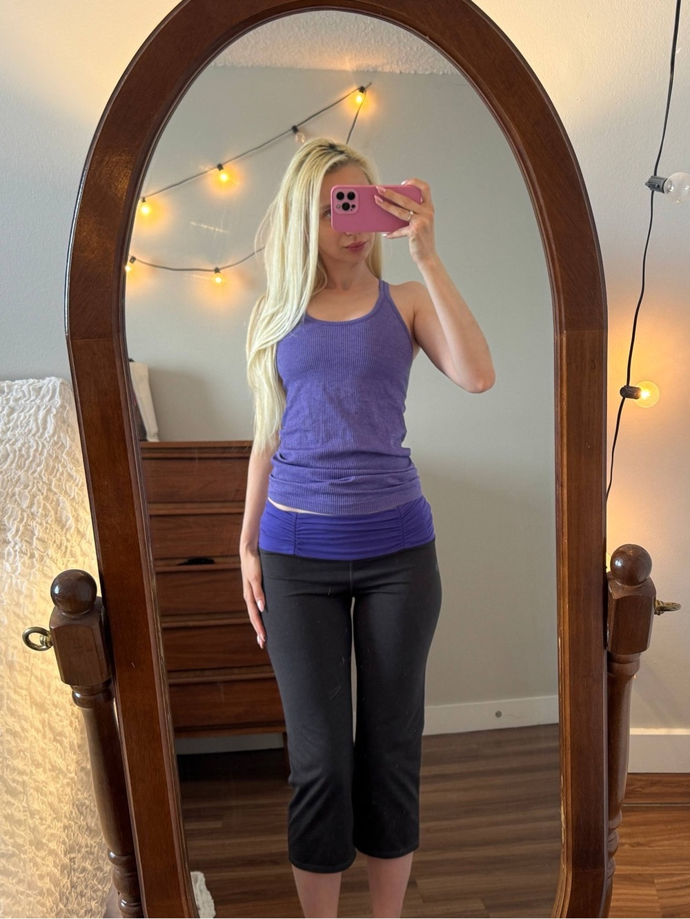 Tuff Athletics black and Purple capris low rise